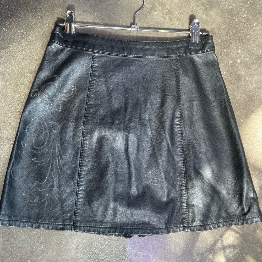 Hand embellished black leather mini skirt size small